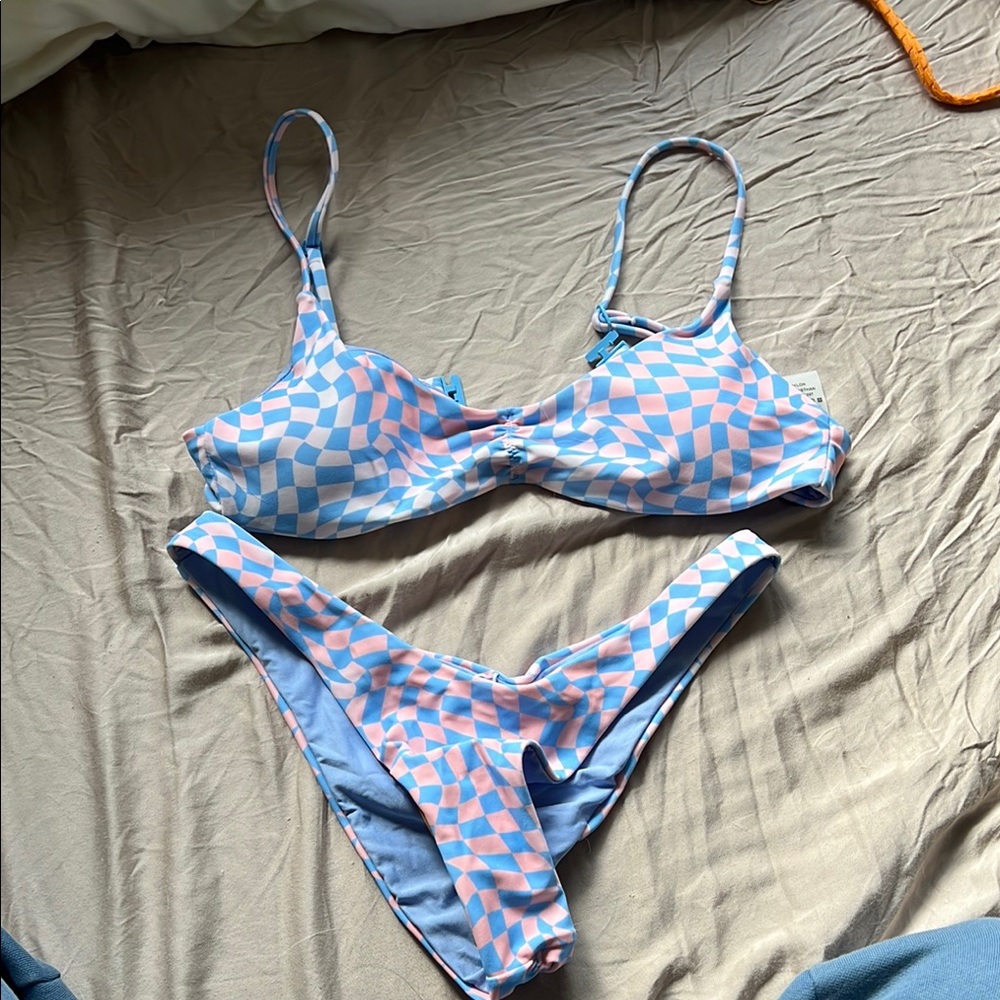 Pink & Light Blue Checkerboard Bikini Set - Women's Two-Piece Swim - Picture 2 of 5